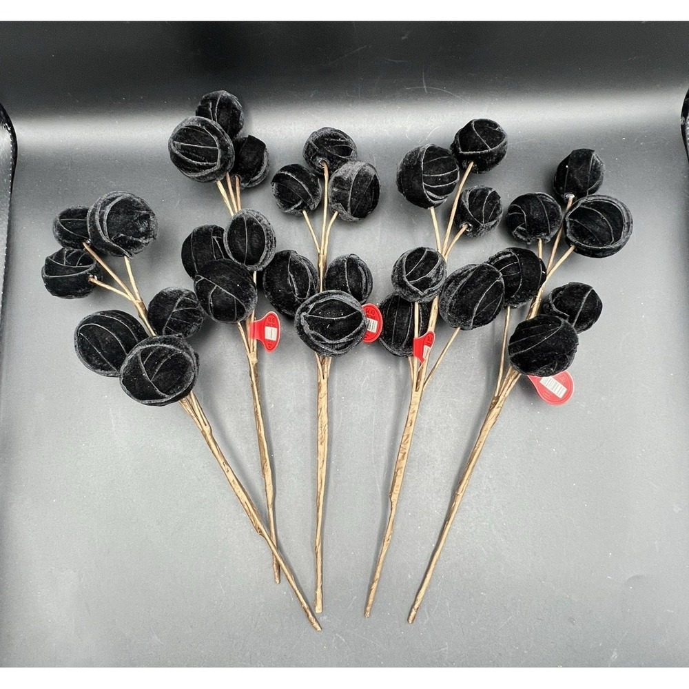 Black Velvet Ball Pick Artificial Floral Stem Deco Floral NEW ~ Set of 5 Stems‎